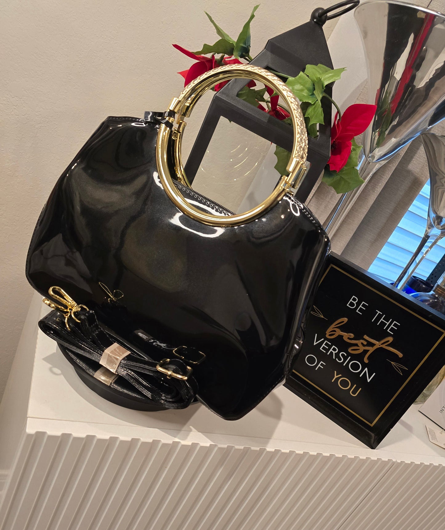 Elegant Patent Leather Bag With Back Zipper Pocket