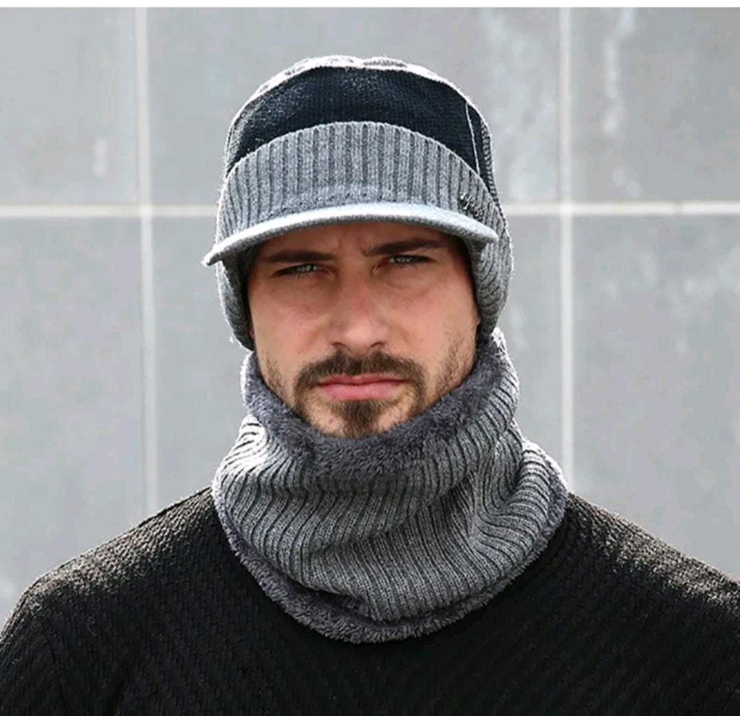 Men Color Blocking Knitted Cap & Fleece-Lined Pullover Scarf ~ FINAL SALE