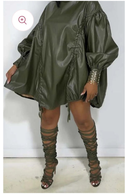 Olive high neck faux leather dress- Final Sale