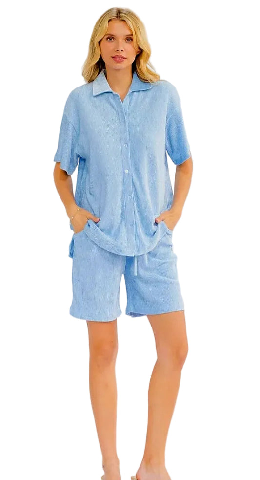 Short sleeve button up 2 piece ribbed short set