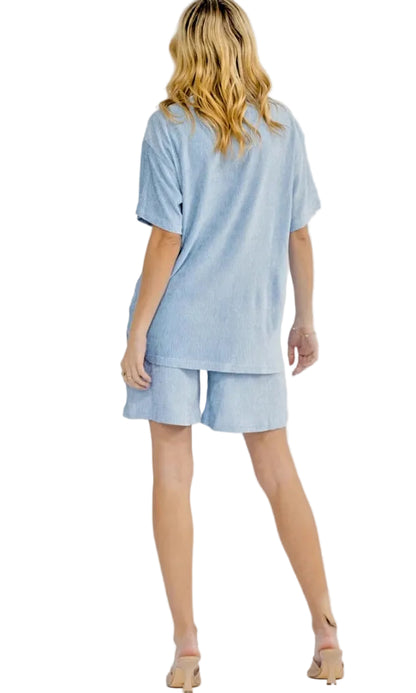 Short sleeve button up 2 piece ribbed short set