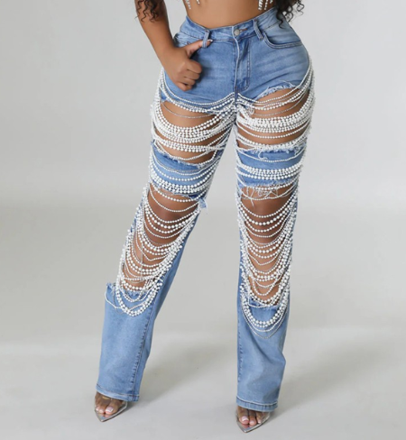 Pearl Chain Ripped Denim Jeans